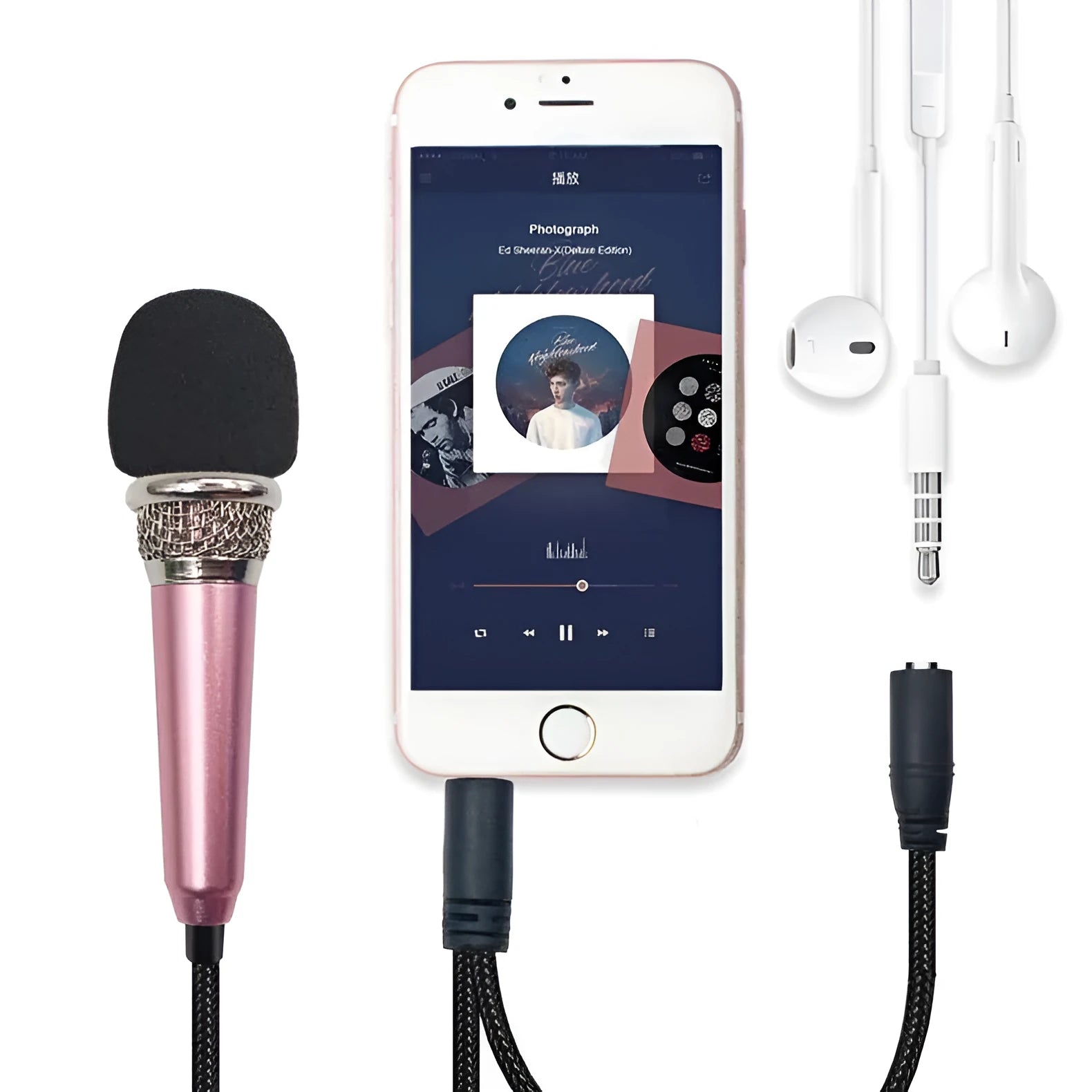 Blue metallic mini condenser karaoke microphone with 3.5mm plug for Android phones.