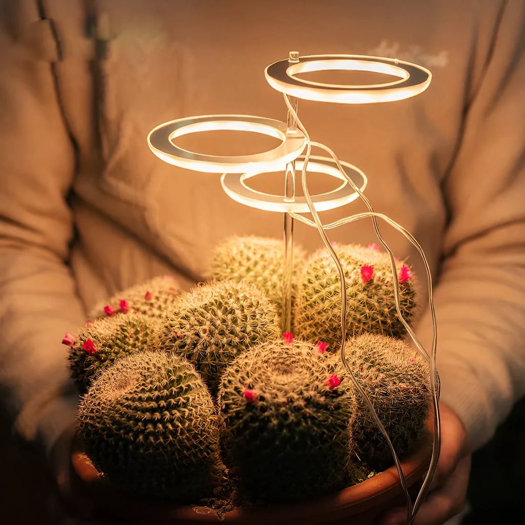 USB-powered LED plant grow light with acrylic stick in pink/white or yellow.