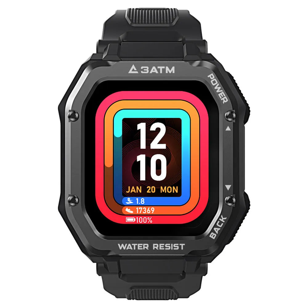 Army Green and Black smart watch with 1.69-inch screen and silicone wristband showing sports tracking display