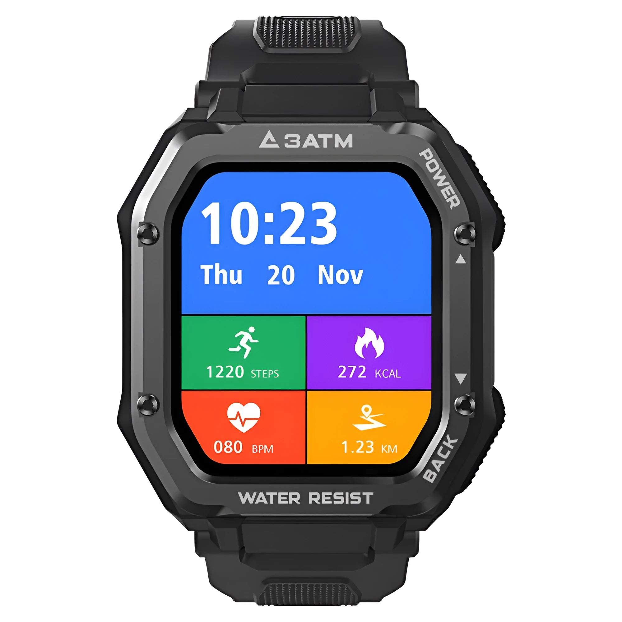 Army Green and Black smart watch with 1.69-inch screen and silicone wristband showing sports tracking display