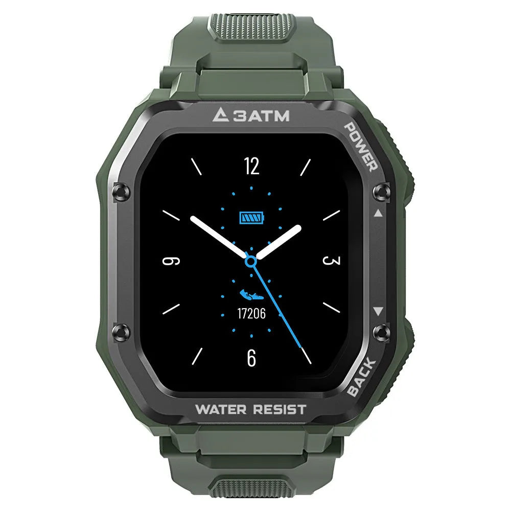 Army Green and Black smart watch with 1.69-inch screen and silicone wristband showing sports tracking display