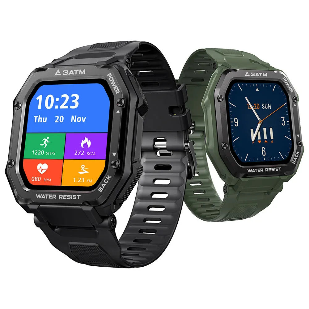 Army Green and Black smart watch with 1.69-inch screen and silicone wristband showing sports tracking display