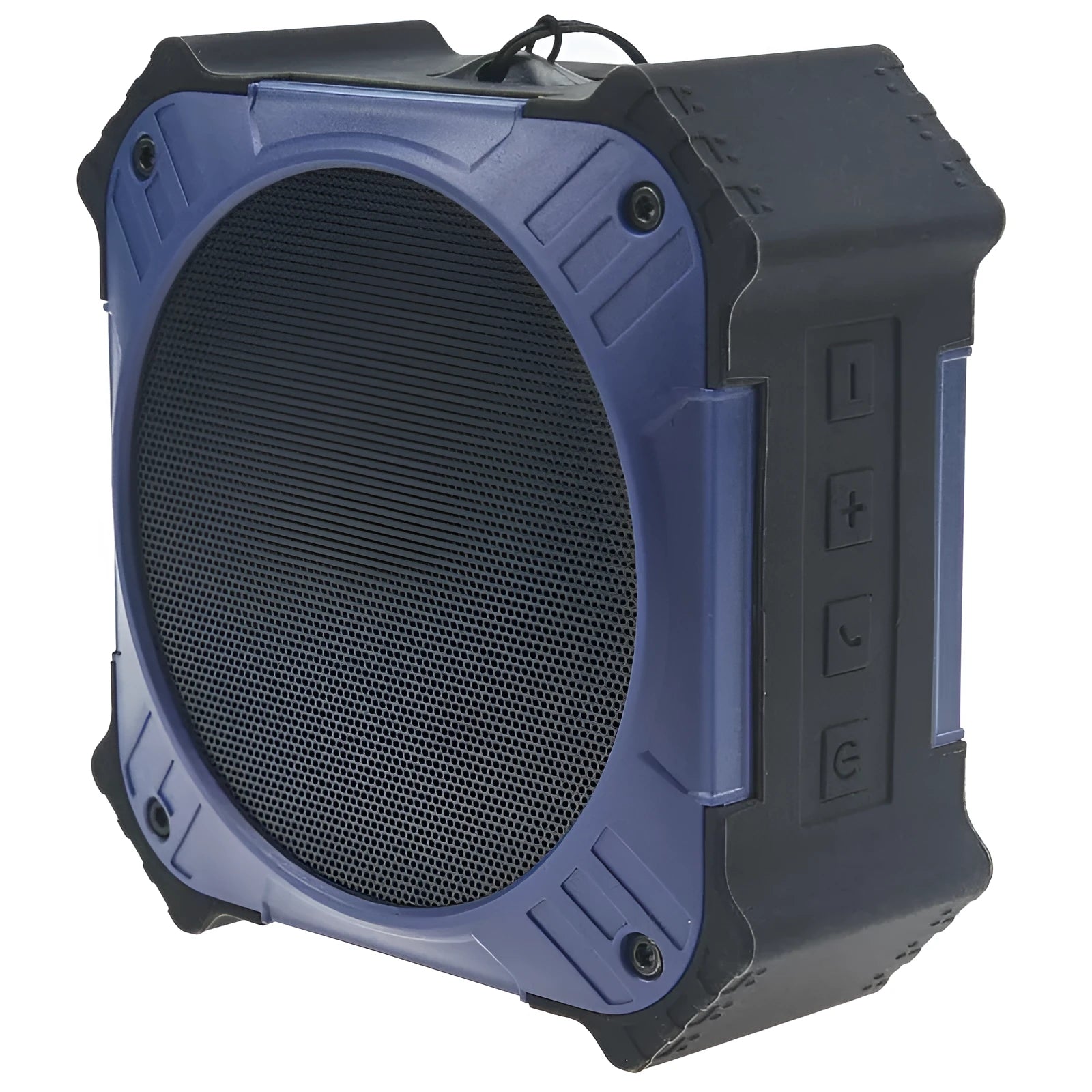 Compact square black or blue waterproof portable Bluetooth speaker with button controls and wrist strap.
