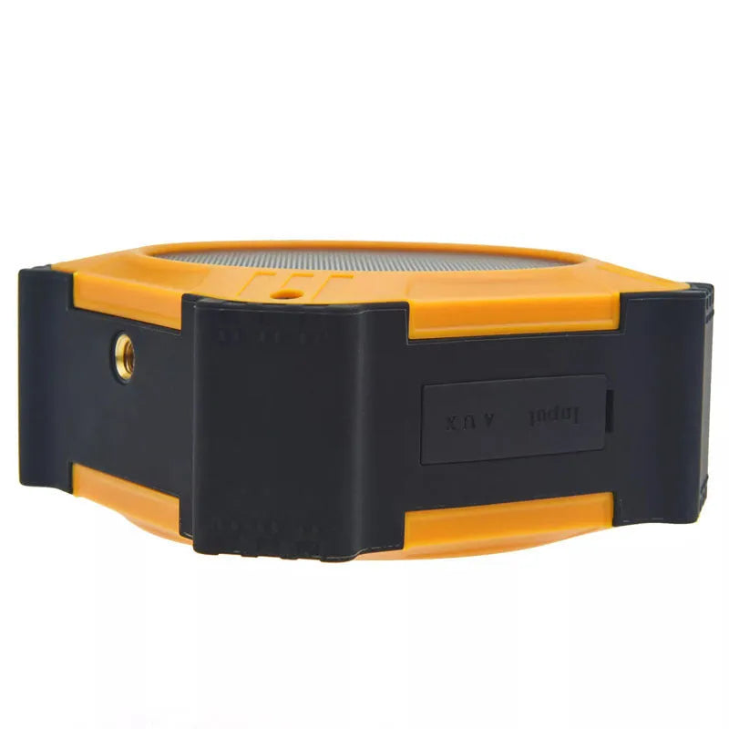 Compact square black or blue waterproof portable Bluetooth speaker with button controls and wrist strap.