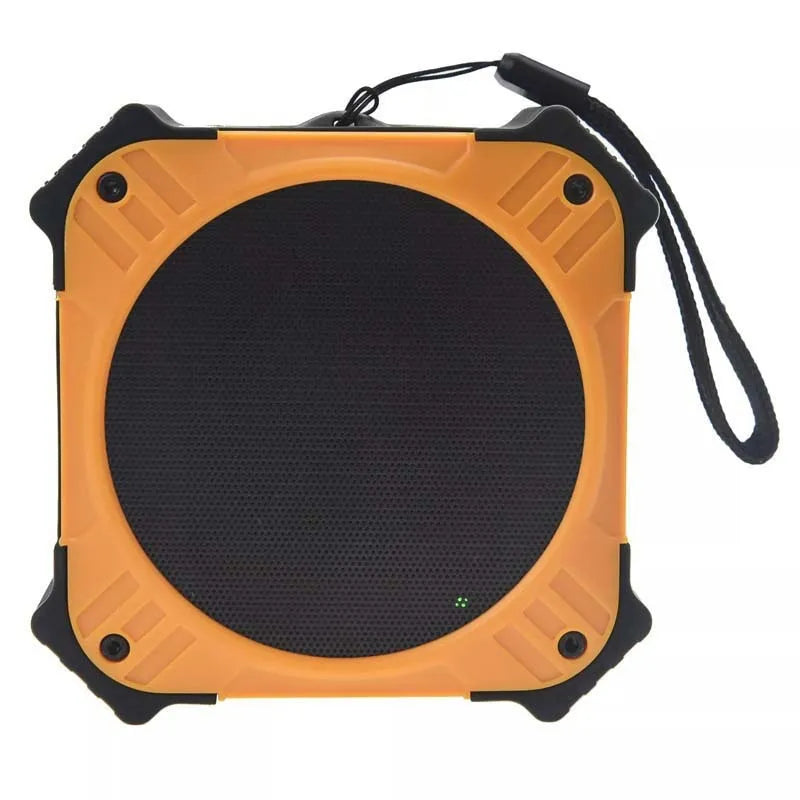 Compact square black or blue waterproof portable Bluetooth speaker with button controls and wrist strap.