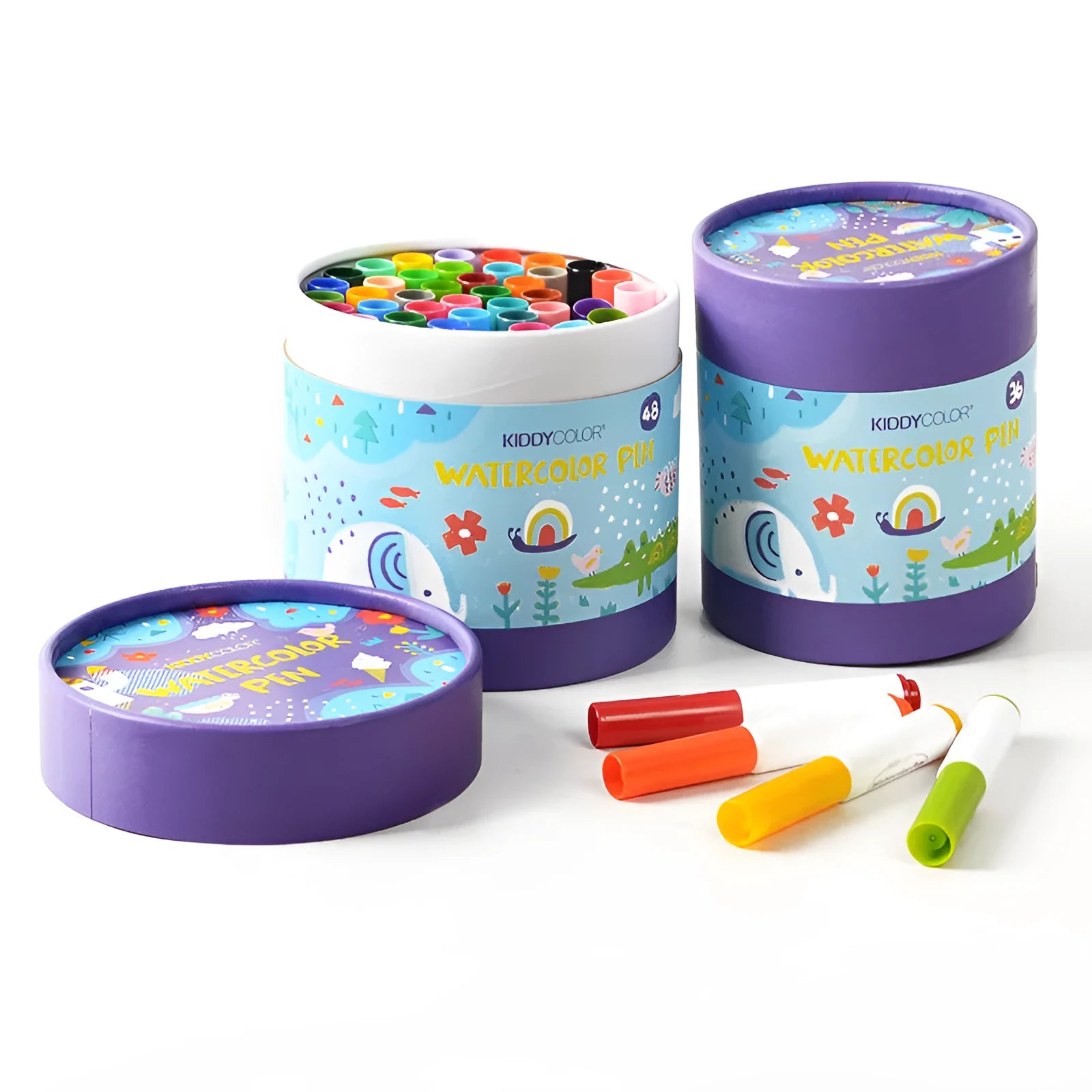 A set of children's washable watercolour pens with large plastic barrels, showing bright colours.
