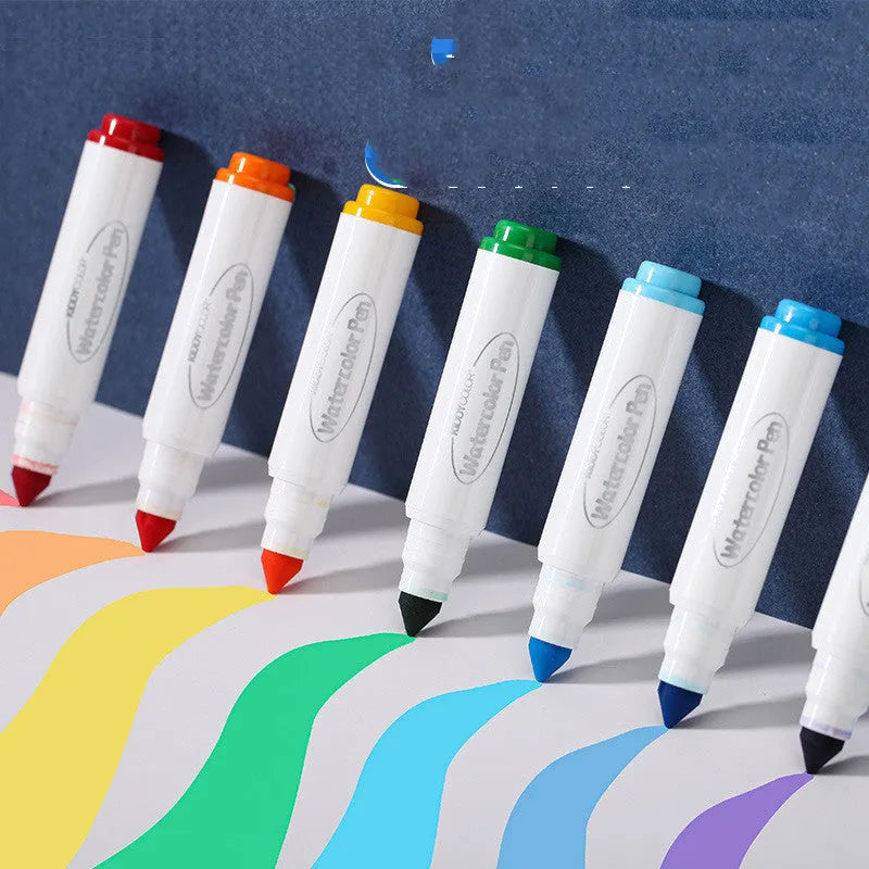 A set of children's washable watercolour pens with large plastic barrels, showing bright colours.
