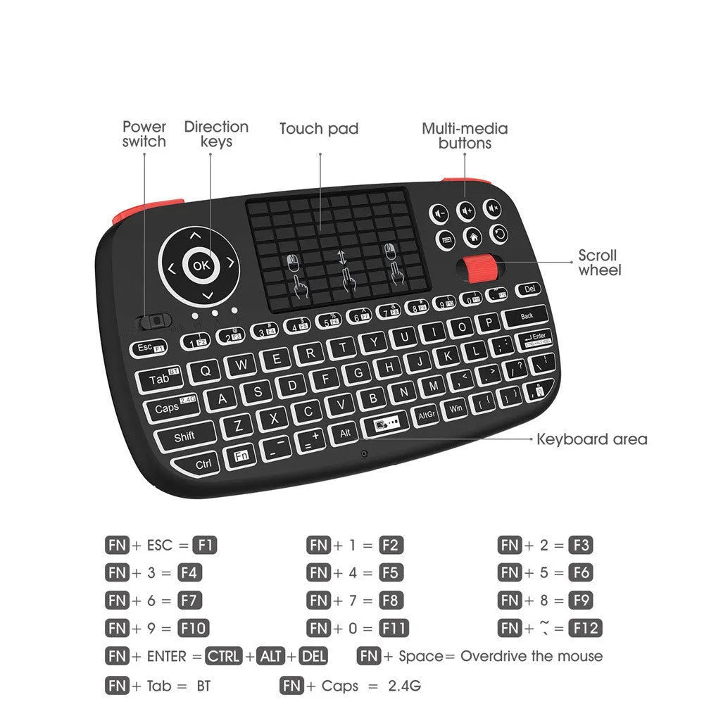 i4 dual mode Bluetooth and 2.4g wireless mini keyboard with multimedia keys in black