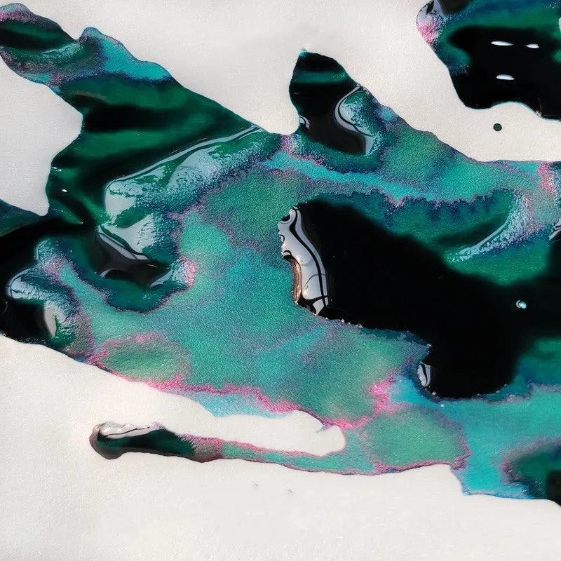 Gradient colour fountain pen ink with gold powder particles in Red Tide and Truffle colours