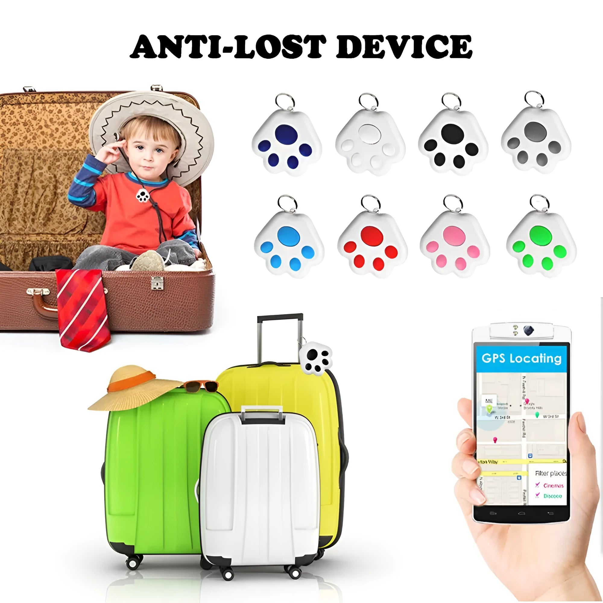 Small black dog paw shaped Bluetooth anti-lost device on a keyring next to a mobile phone.