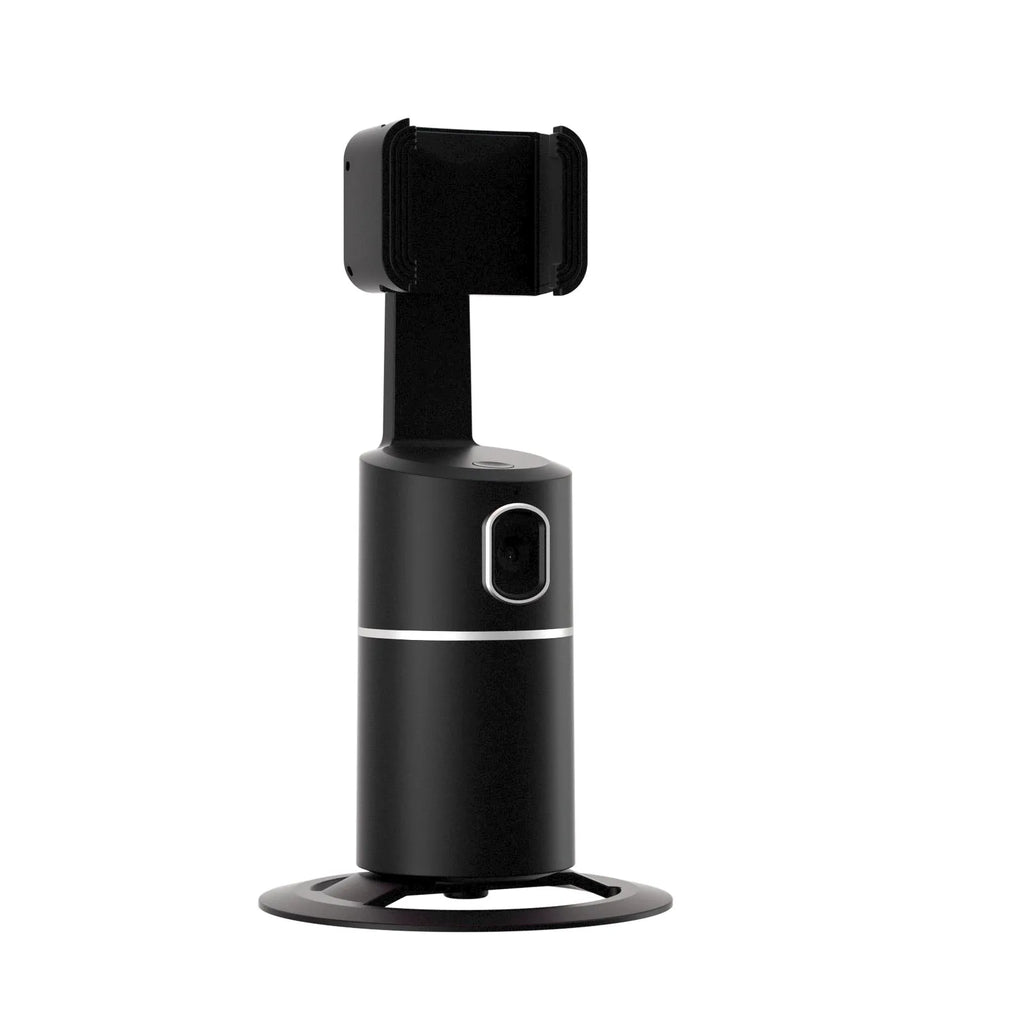 Black smartphone gimbal stabiliser with clip-on mount showing 360-degree rotation capability