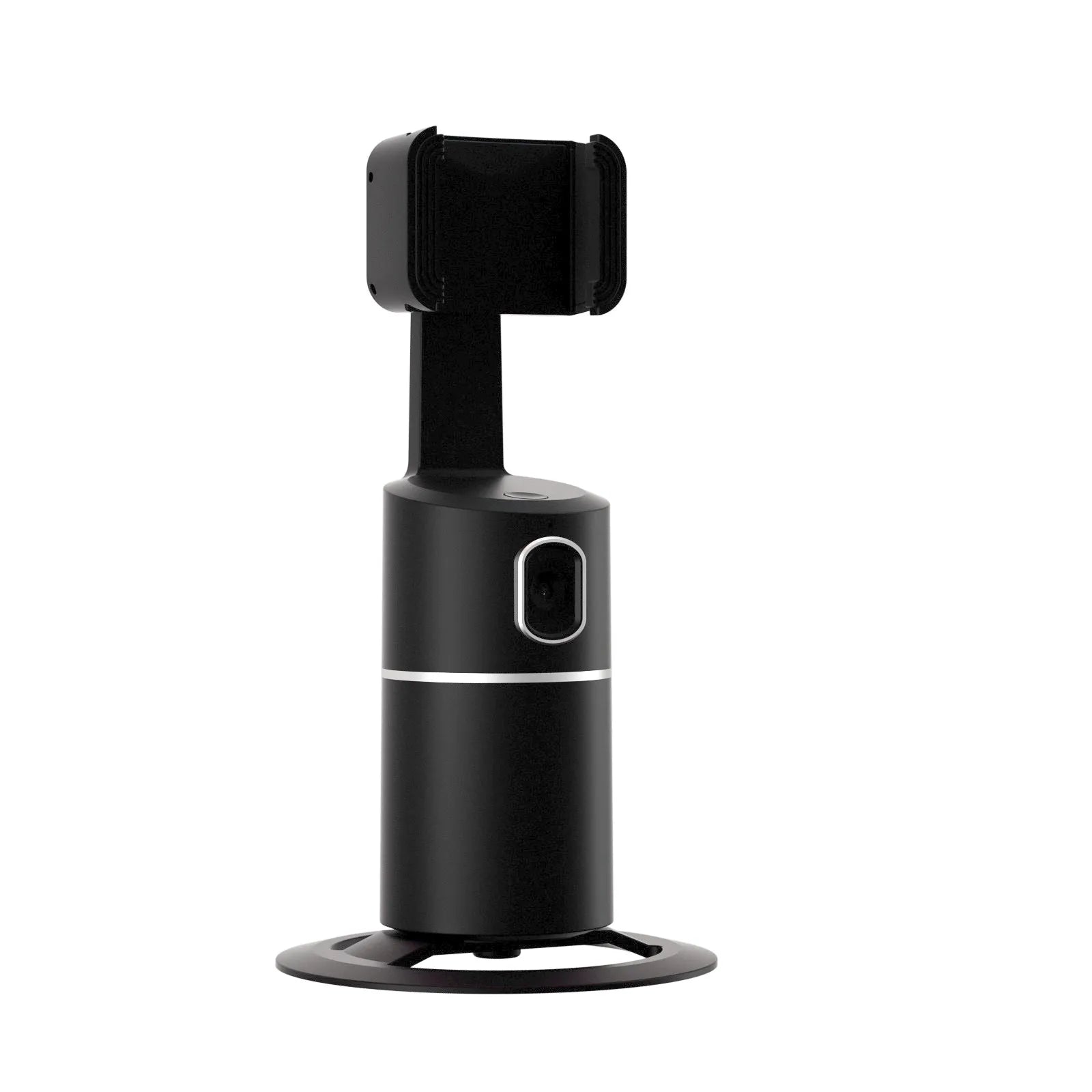 Black smartphone gimbal stabiliser with clip-on mount showing 360-degree rotation capability