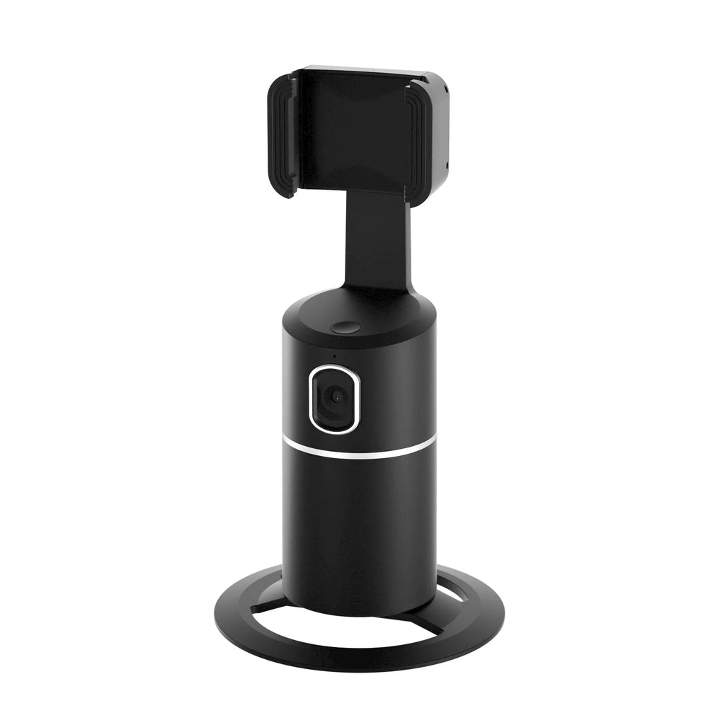 Black smartphone gimbal stabiliser with clip-on mount showing 360-degree rotation capability
