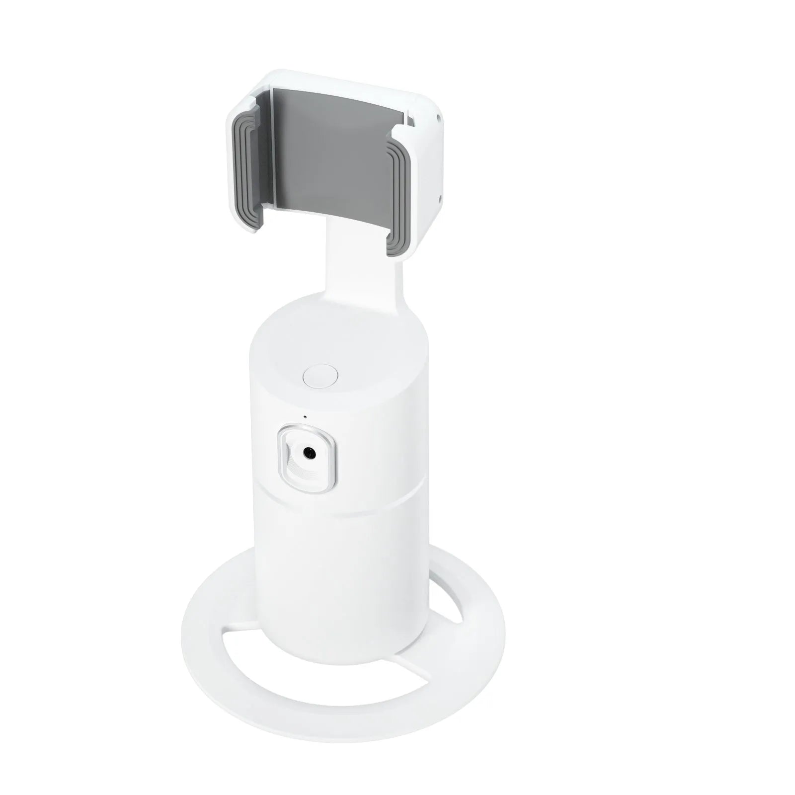 Black smartphone gimbal stabiliser with clip-on mount showing 360-degree rotation capability