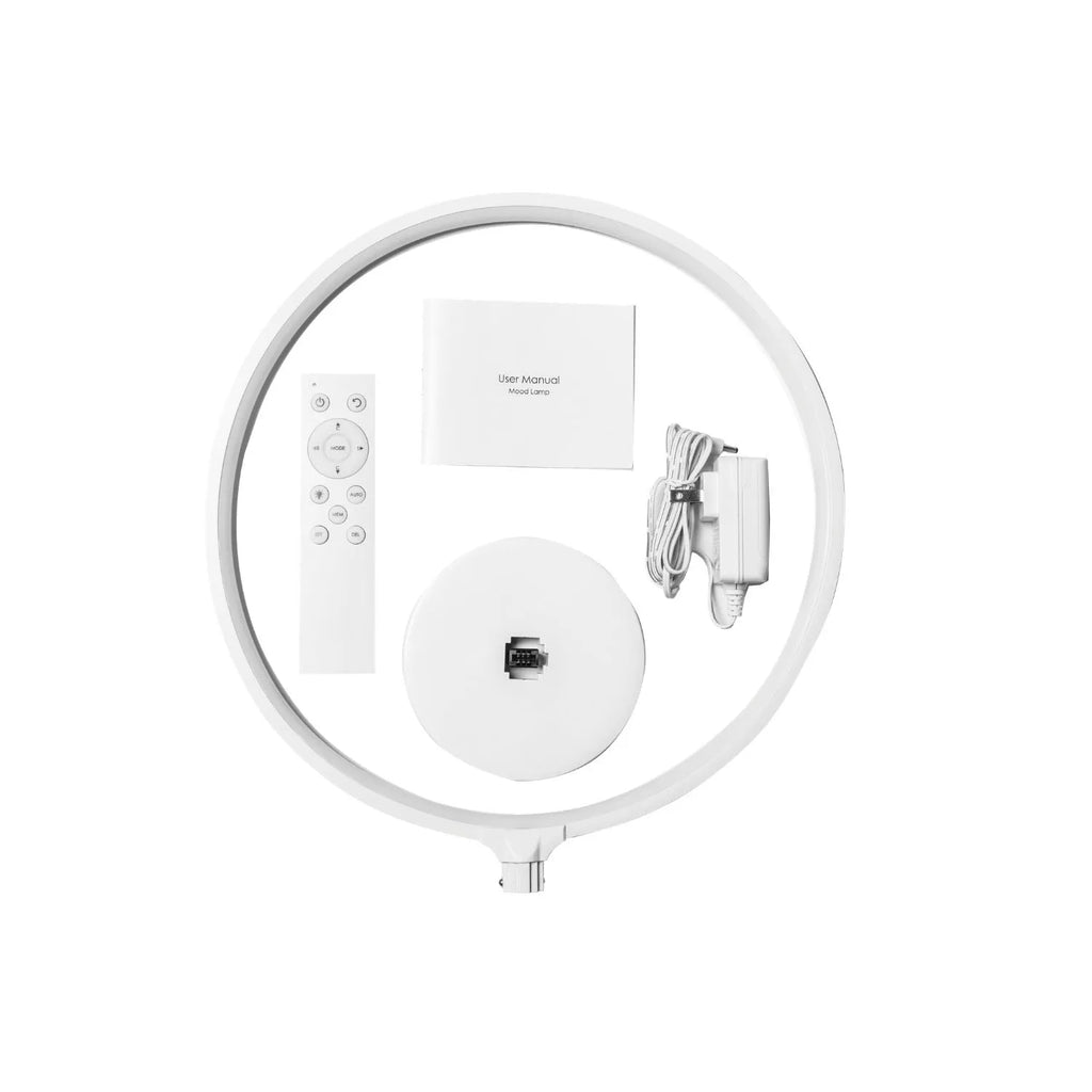 White Full Moon shaped table lamp with remote control on a wooden surface.