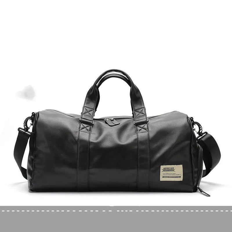 Large black waterproof PU leather sports training bag with multiple internal pockets and single strap