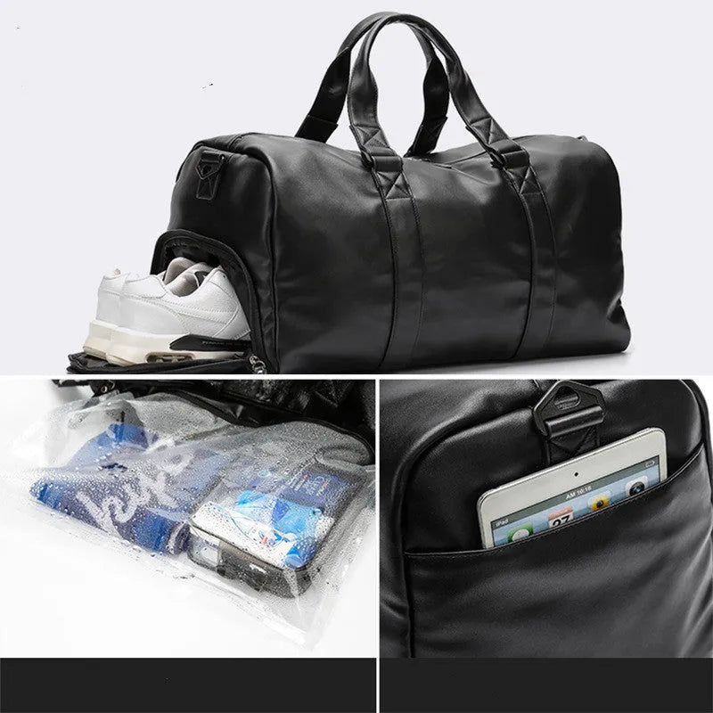 Large black waterproof PU leather sports training bag with multiple internal pockets and single strap