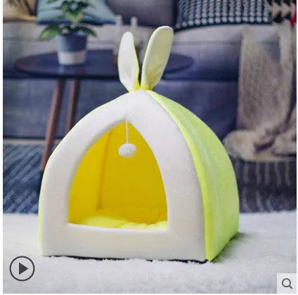 Grey cloth cat house with villa roof design showing interior space for pet resting