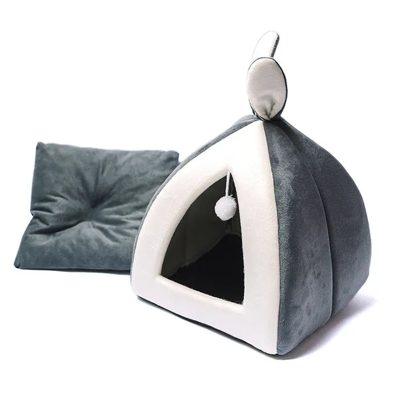 Grey cloth cat house with villa roof design showing interior space for pet resting