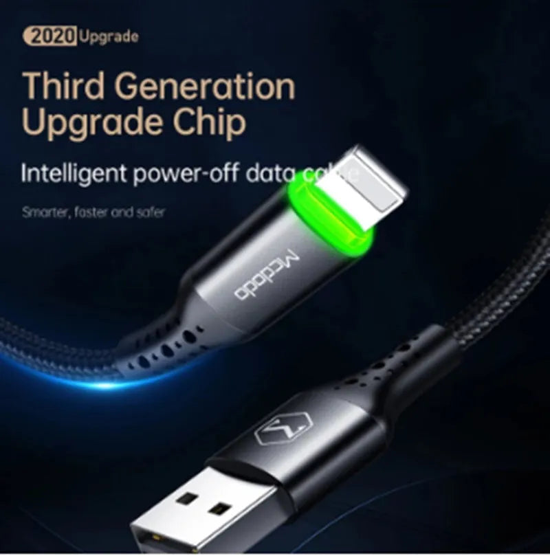 Black Apple-compatible iPhone charger cable with dual-colour LED lights showing fast charging capability
