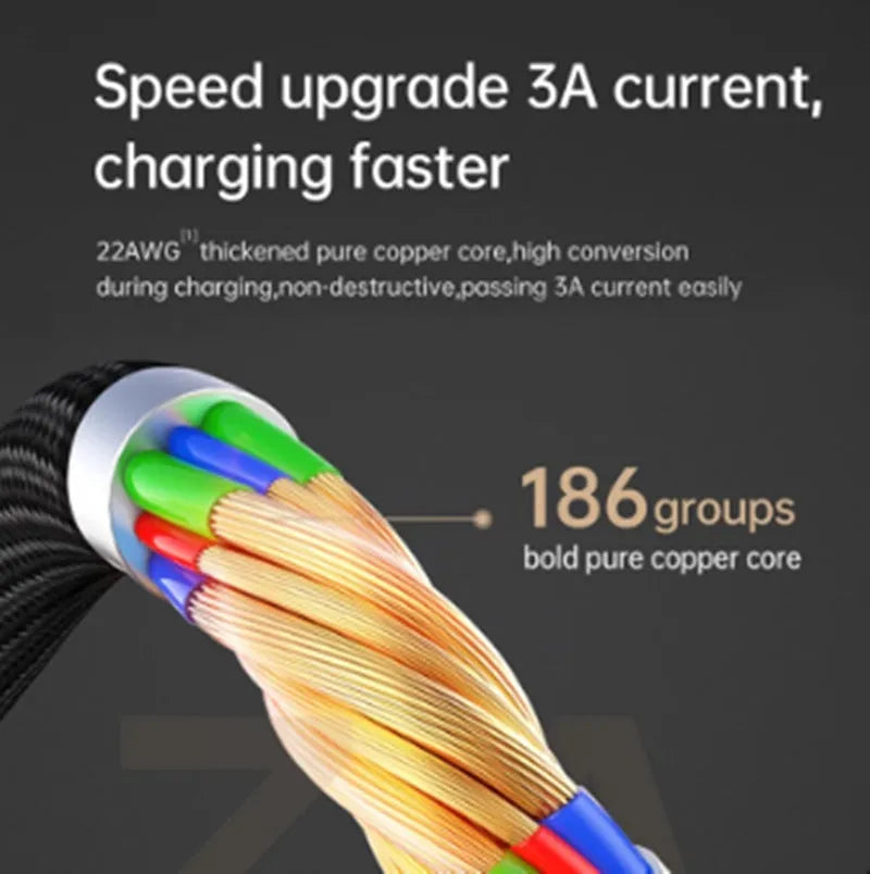 Black Apple-compatible iPhone charger cable with dual-colour LED lights showing fast charging capability