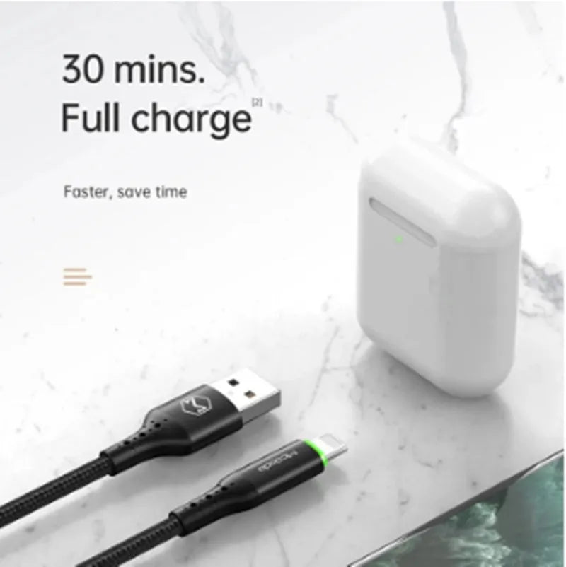 Black Apple-compatible iPhone charger cable with dual-colour LED lights showing fast charging capability