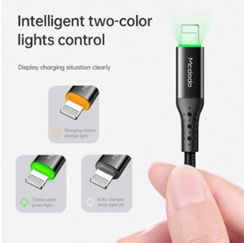 Black Apple-compatible iPhone charger cable with dual-colour LED lights showing fast charging capability