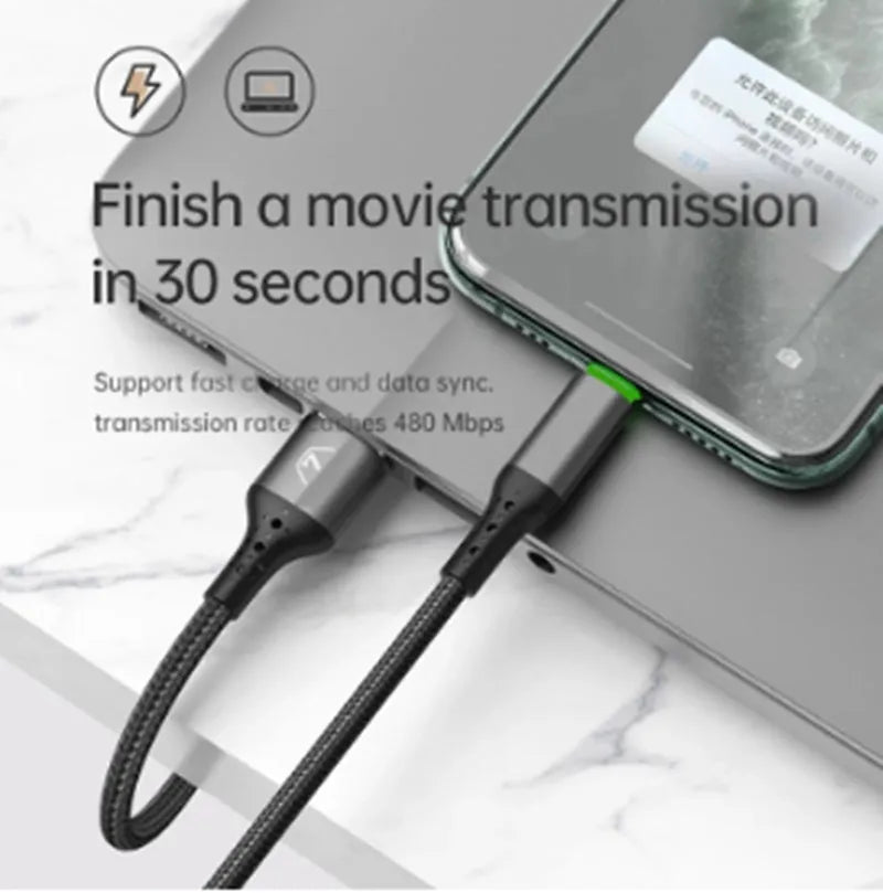 Black Apple-compatible iPhone charger cable with dual-colour LED lights showing fast charging capability