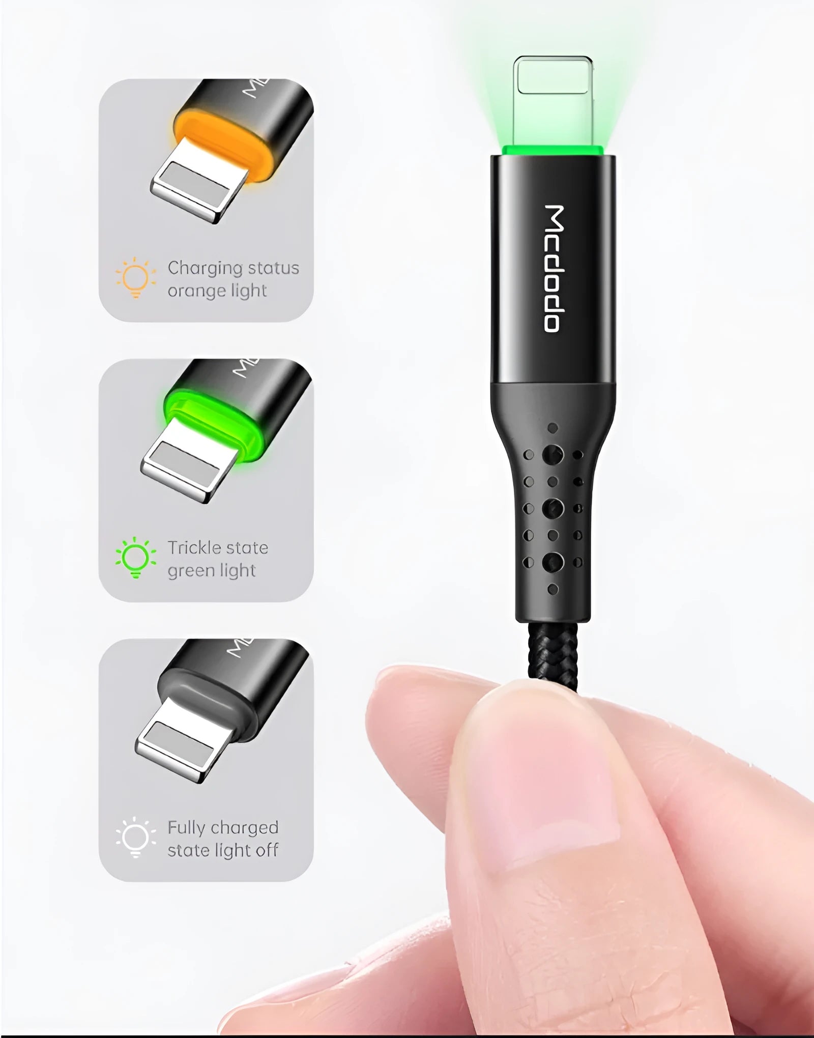 Black Apple-compatible iPhone charger cable with dual-colour LED lights showing fast charging capability