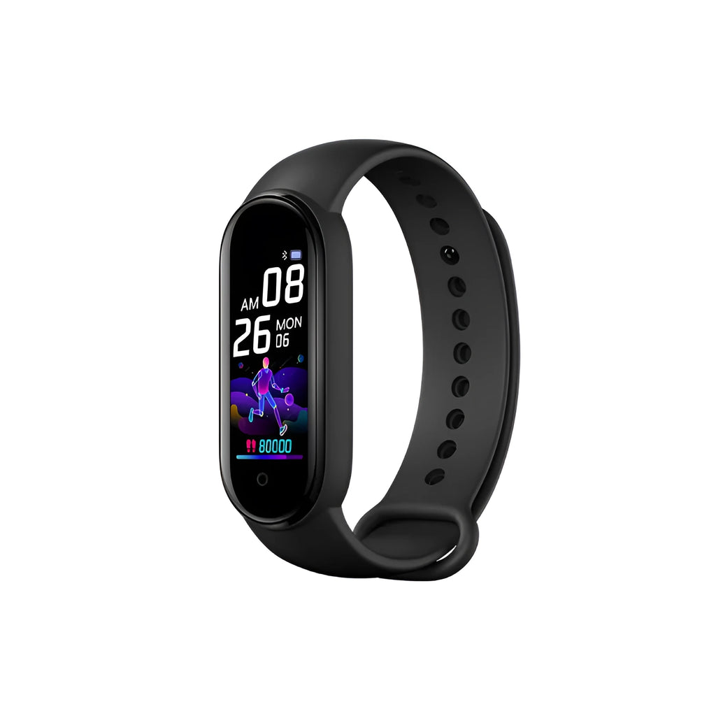 M5 smart fitness bracelet in black, blue, or red with heart rate and blood pressure monitoring on wrist.