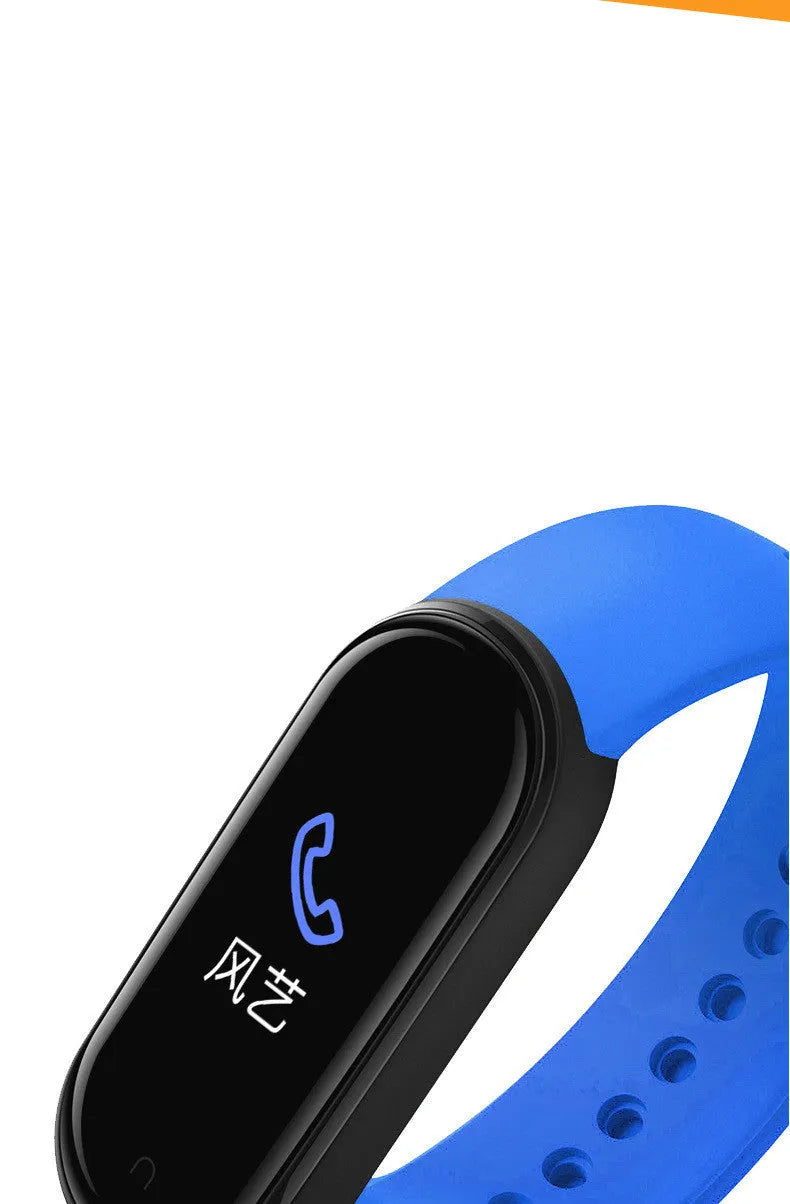 M5 smart fitness bracelet in black, blue, or red with heart rate and blood pressure monitoring on wrist.