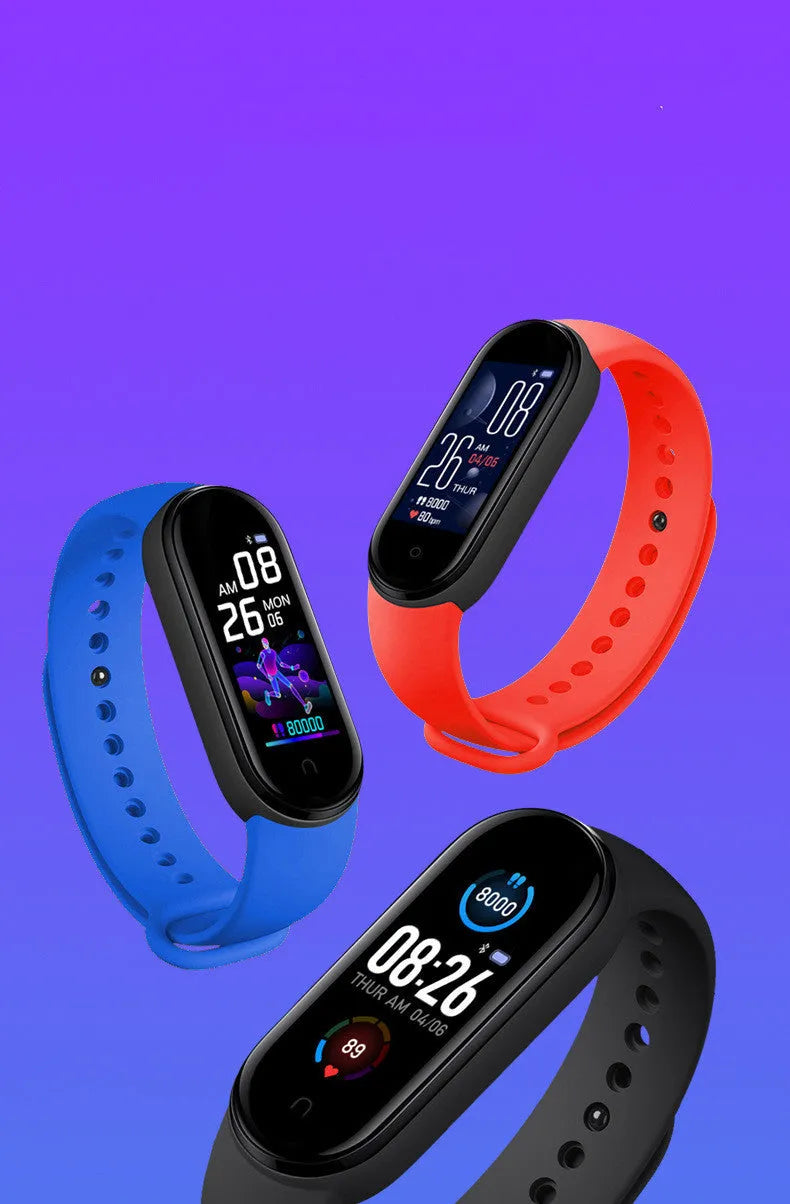 M5 smart fitness bracelet in black, blue, or red with heart rate and blood pressure monitoring on wrist.