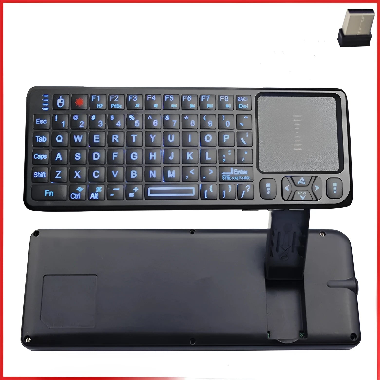 Black wireless mini keyboard with touch screen and backlit keys measuring 151×59×12.5mm