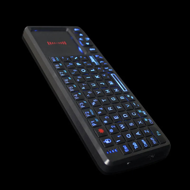 Black wireless mini keyboard with touch screen and backlit keys measuring 151×59×12.5mm