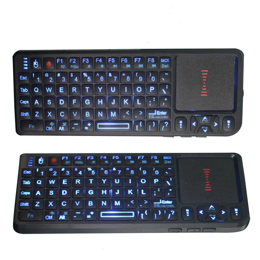 Black wireless mini keyboard with touch screen and backlit keys measuring 151×59×12.5mm