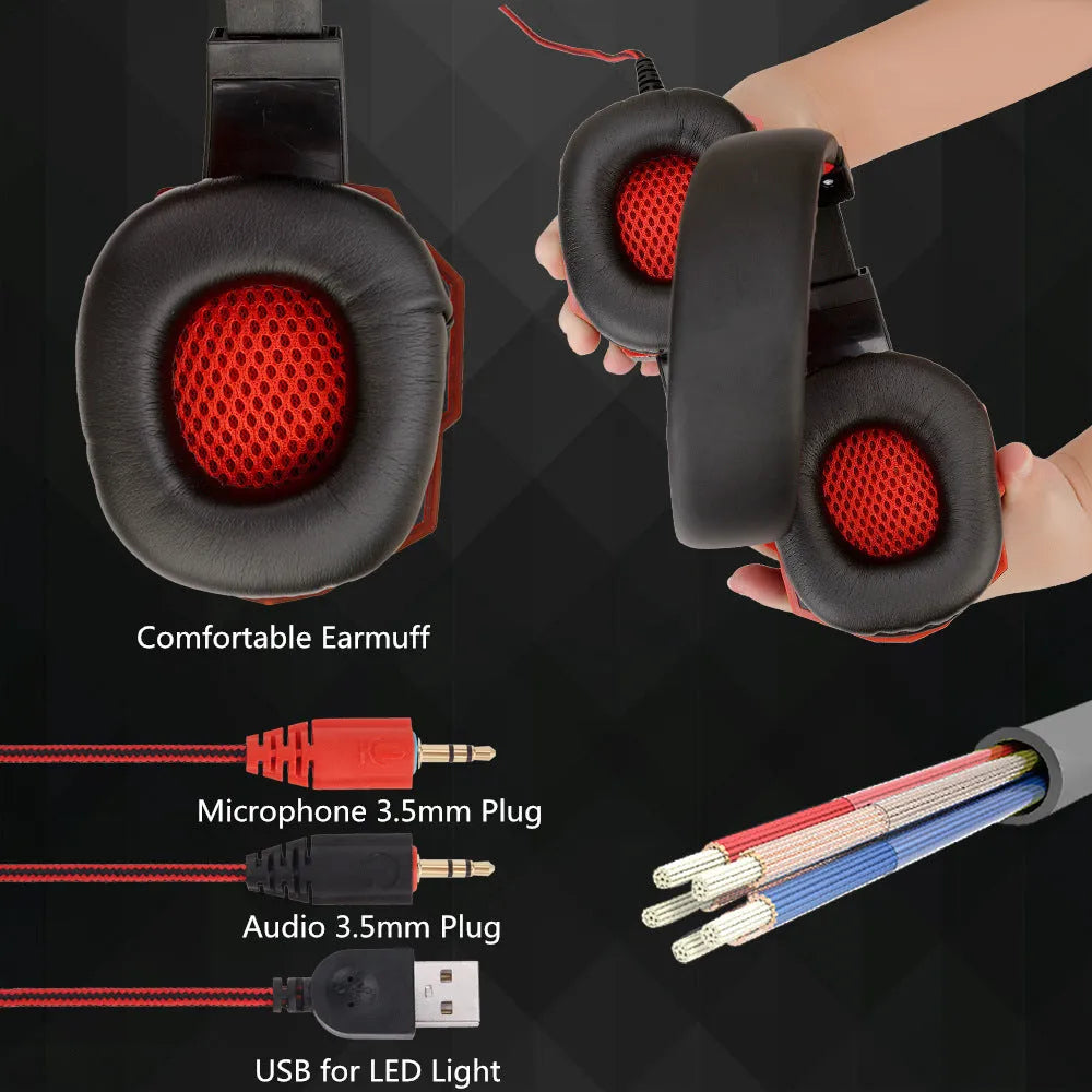 Wired gaming headset with light-up feature and braided cable in black red colour option