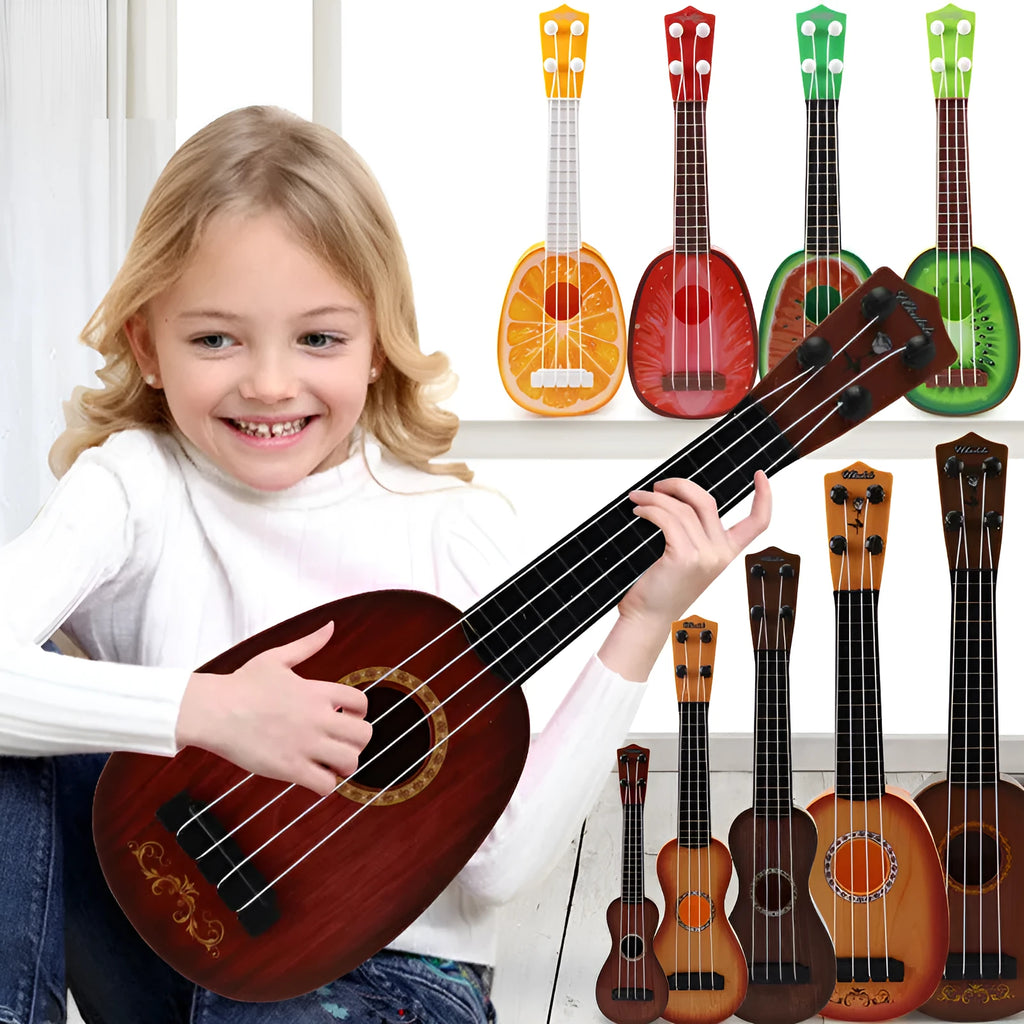 Retro guitar toy simulation ukulele for children measuring 38cm high in colour box packaging