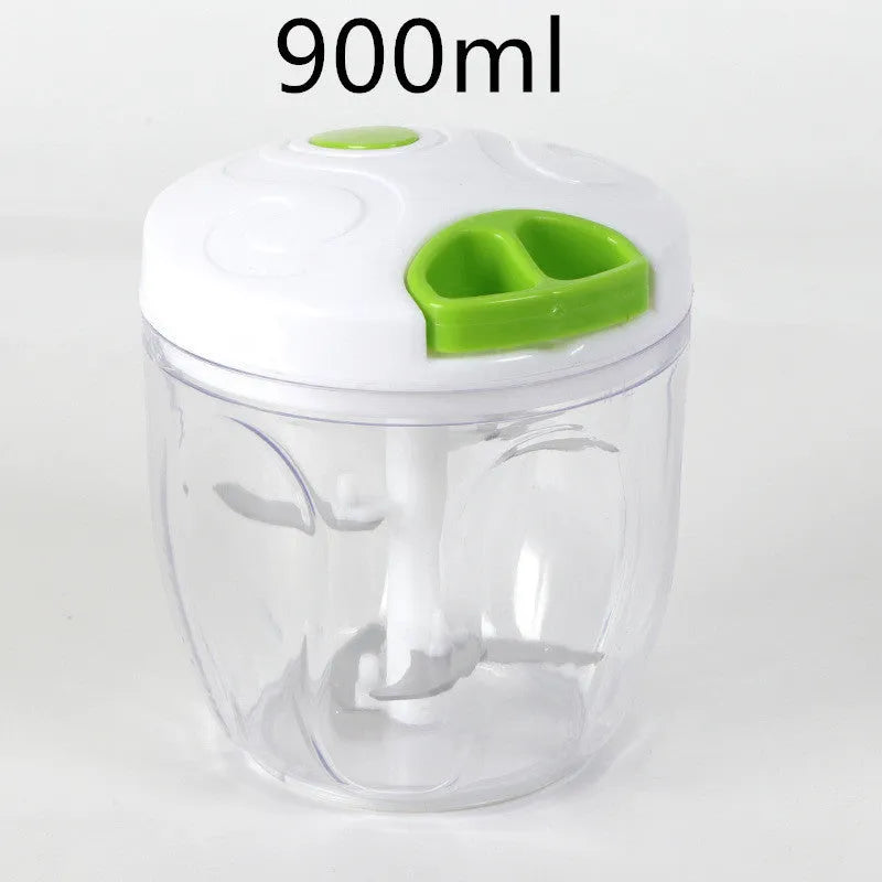 Manual kitchen chopper with stainless steel blades in green plastic housing