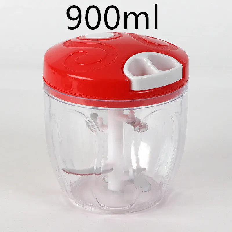 Manual kitchen chopper with stainless steel blades in green plastic housing