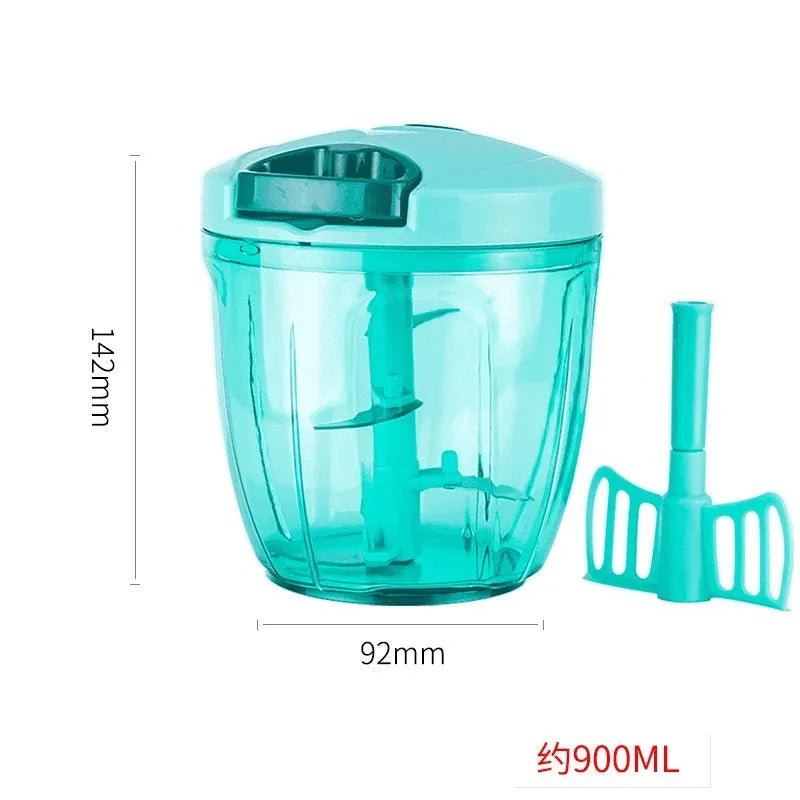 Manual kitchen chopper with stainless steel blades in green plastic housing