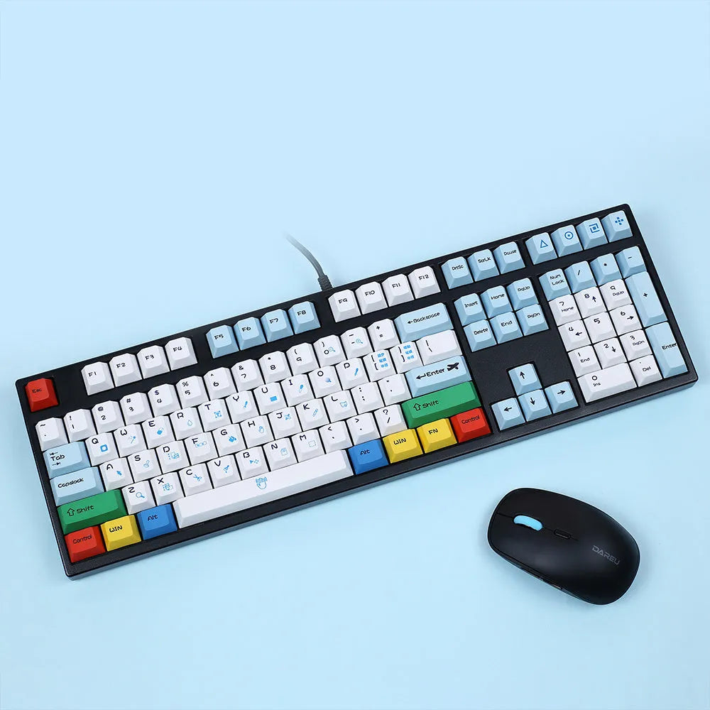 PlayStation-themed mechanical keyboard keycaps in blue and white or grey and white colour options