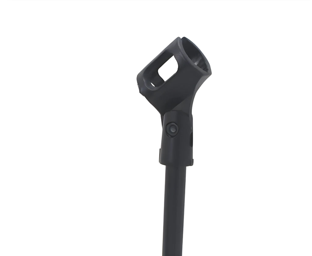 Black desktop microphone bracket with metal chassis, triangular base, and plastic clip for conference microphones