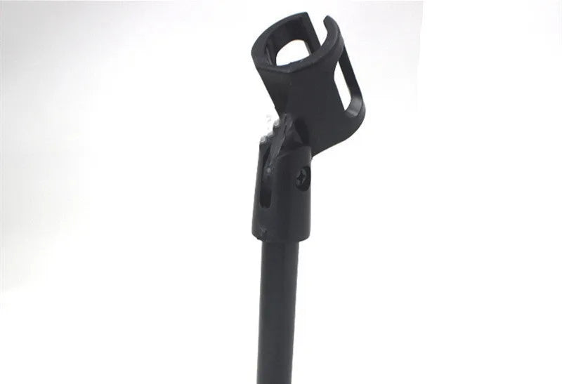 Black desktop microphone bracket with metal chassis, triangular base, and plastic clip for conference microphones