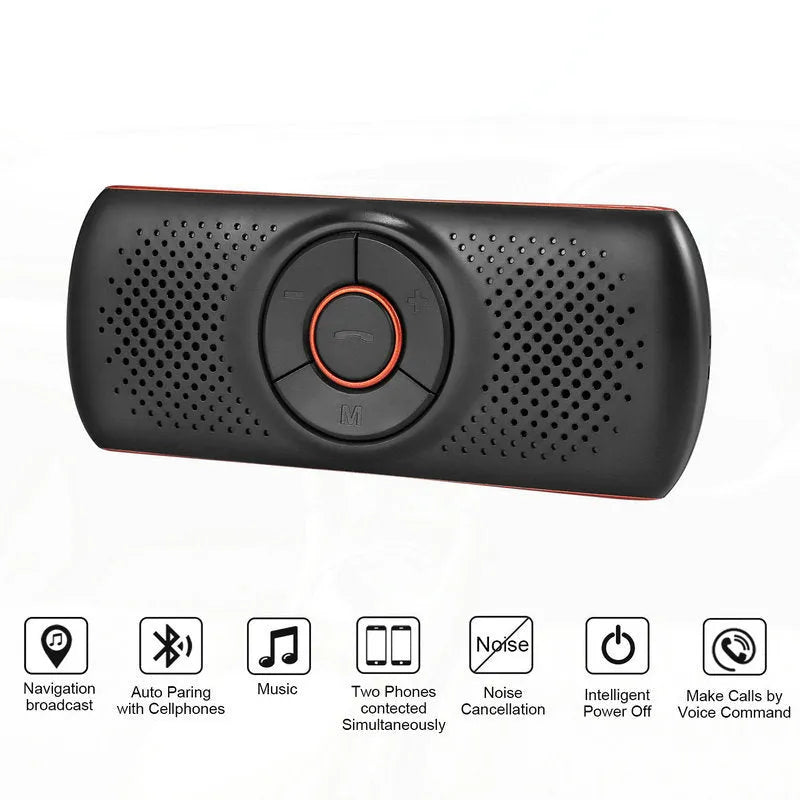 Orange plastic Bluetooth hands-free car kit mounted on a sun visor