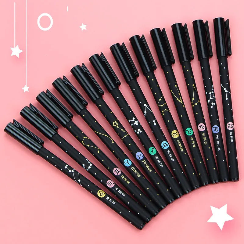 Twelve constellation-themed gel pens with needle tube 0.5mm tips and five style variations including pendant and bulb designs