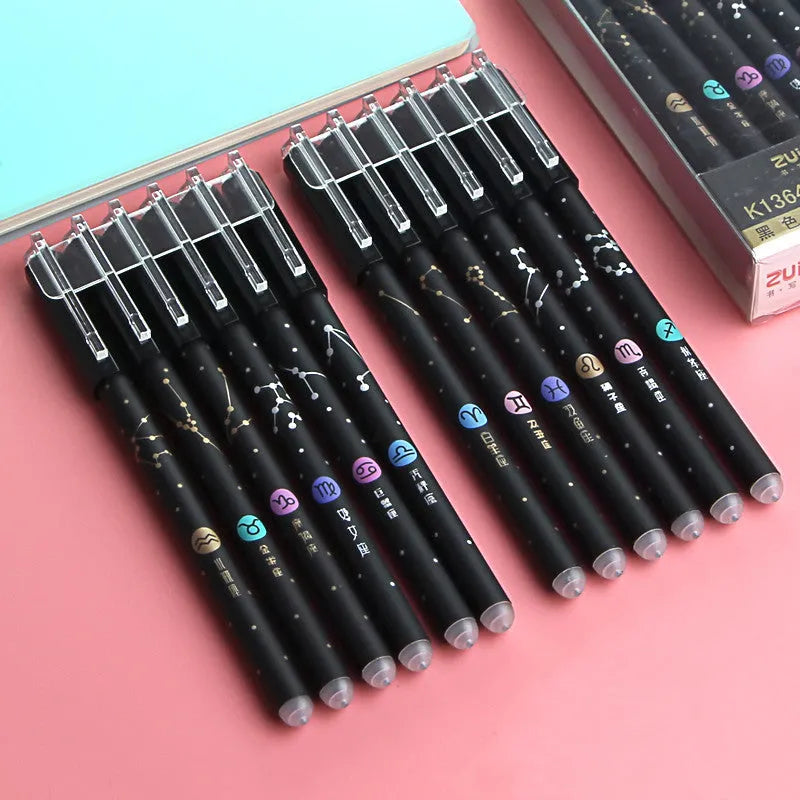 Twelve constellation-themed gel pens with needle tube 0.5mm tips and five style variations including pendant and bulb designs