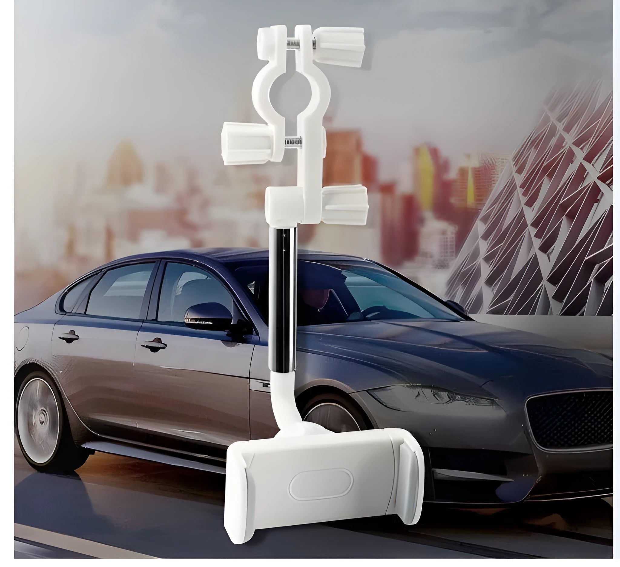 Black car mobile phone holder snapped onto a rearview mirror with cylindrical support frame, showing a smartphone in place.