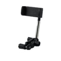 Black car mobile phone holder snapped onto a rearview mirror with cylindrical support frame, showing a smartphone in place.