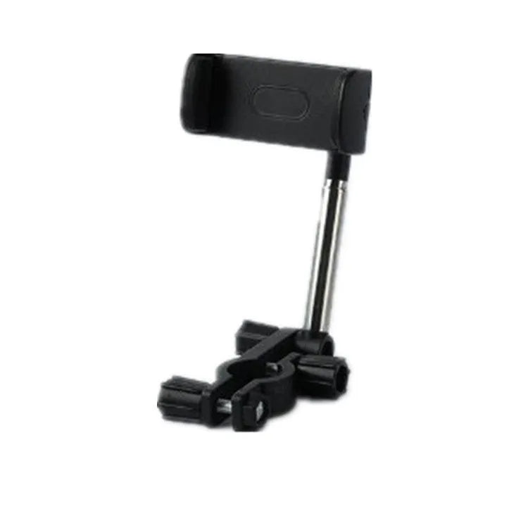 Black car mobile phone holder snapped onto a rearview mirror with cylindrical support frame, showing a smartphone in place.