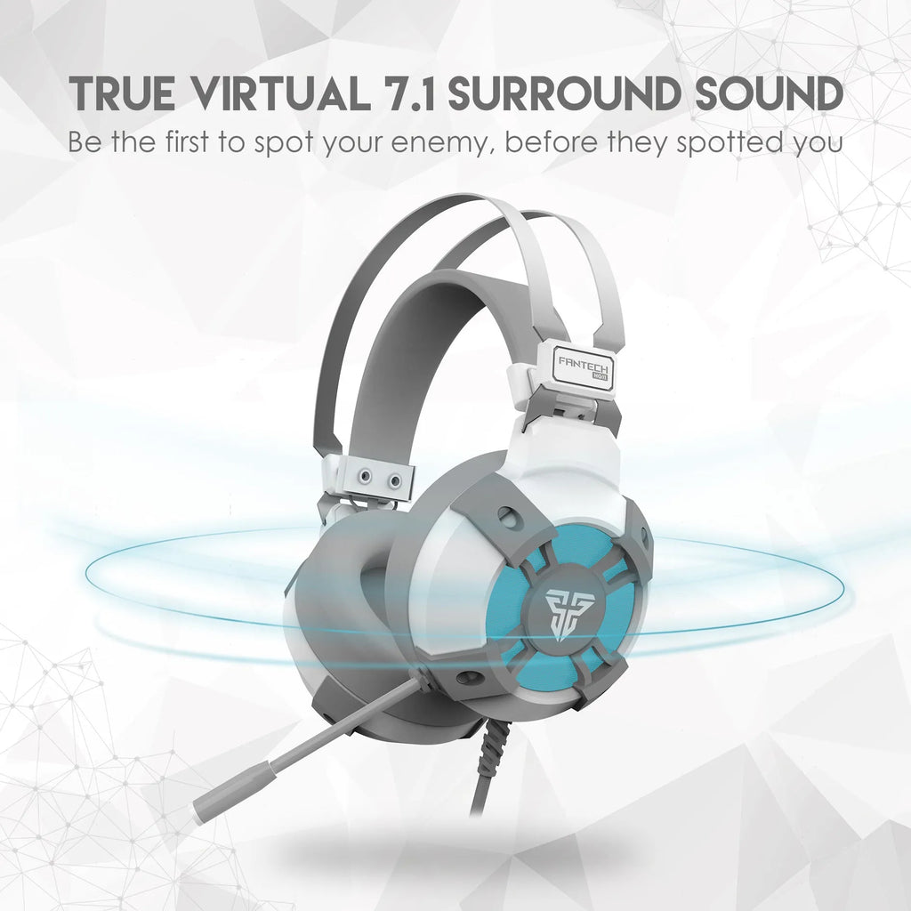 Black FANTECH HG11 gaming headset with RGB lights on earcups and a USB cable with inline remote